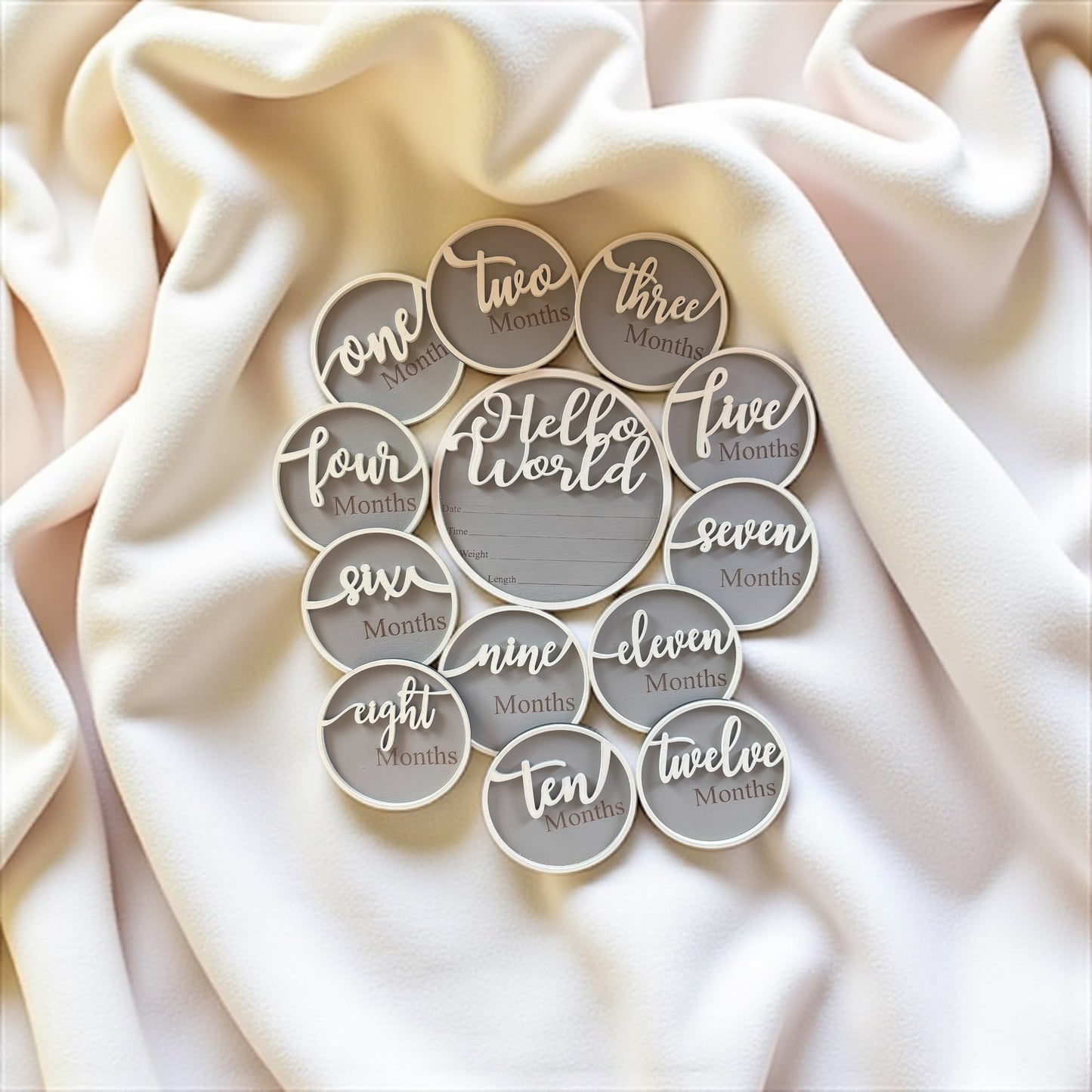 3D Wooden Baby Milestone Discs – Laser-Cut Monthly Photo Set (1–12 Months)