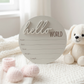 Hello World Birth Announcement Sign – Wooden Baby Name & Stats Disc