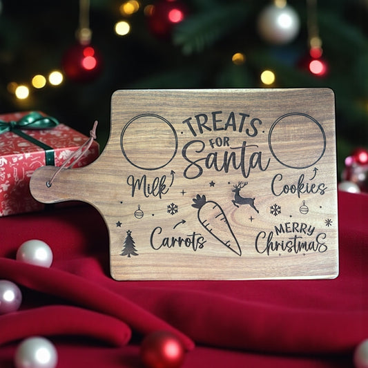 🎅 “Treats for Santa” Christmas Cutting Board – Laser Engraved Wooden Tray