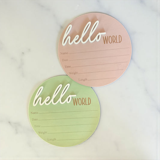 Hello World Birth Announcement Sign – Wooden Baby Name & Stats Disc