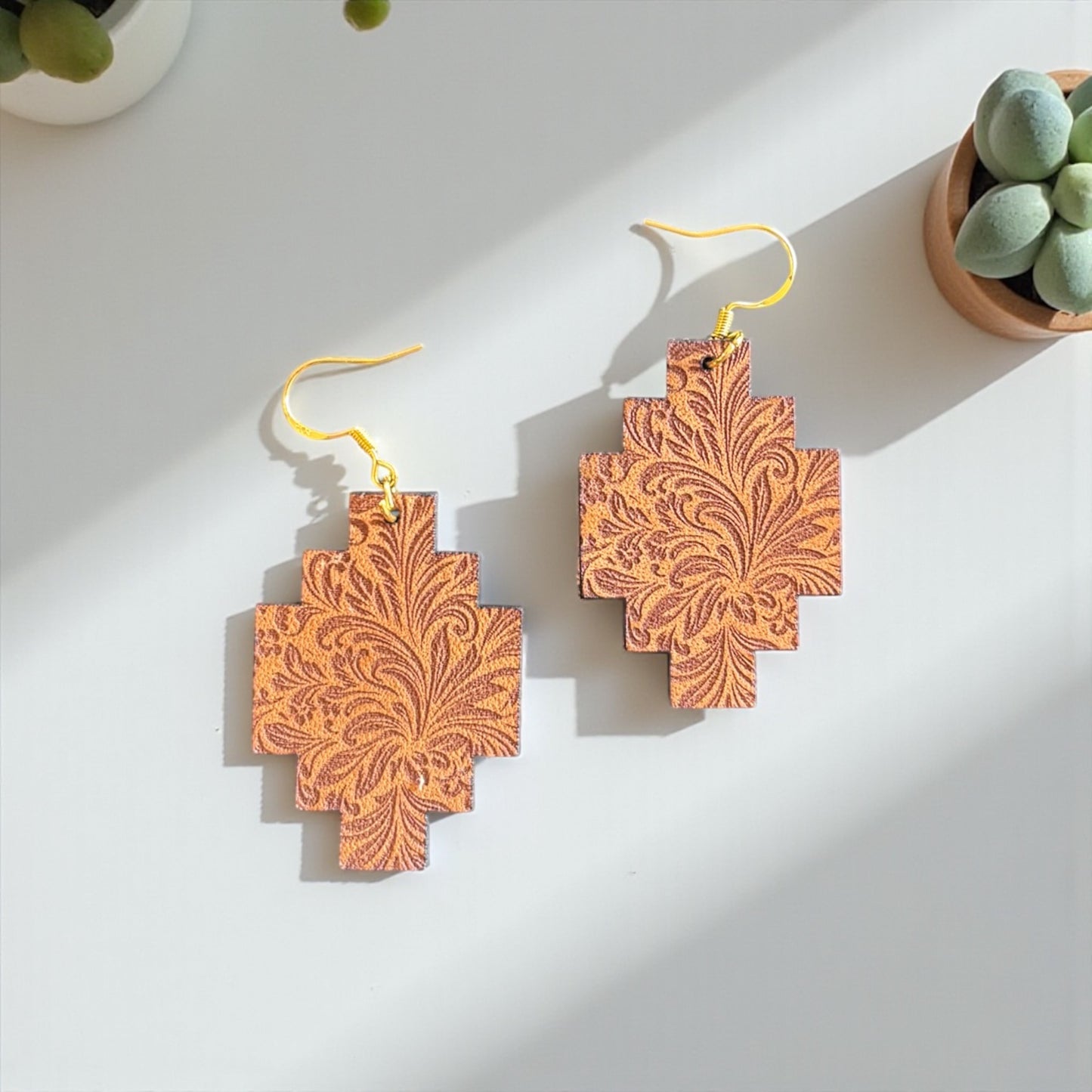 Leather Aztec Floral Earrings – Genuine Leather + Sterling Hooks