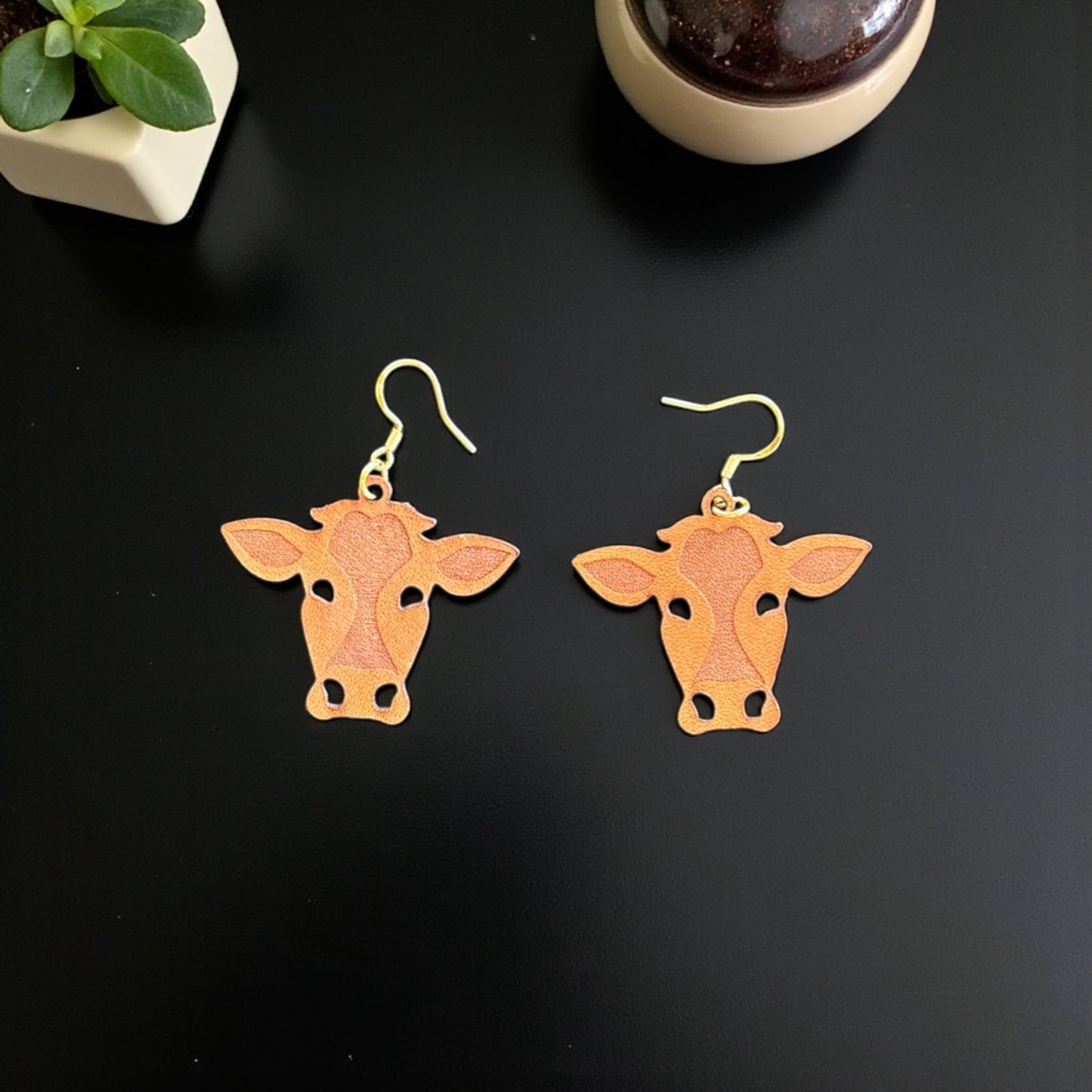 Leather Cow Head Earrings – Genuine Leather + Sterling Hooks